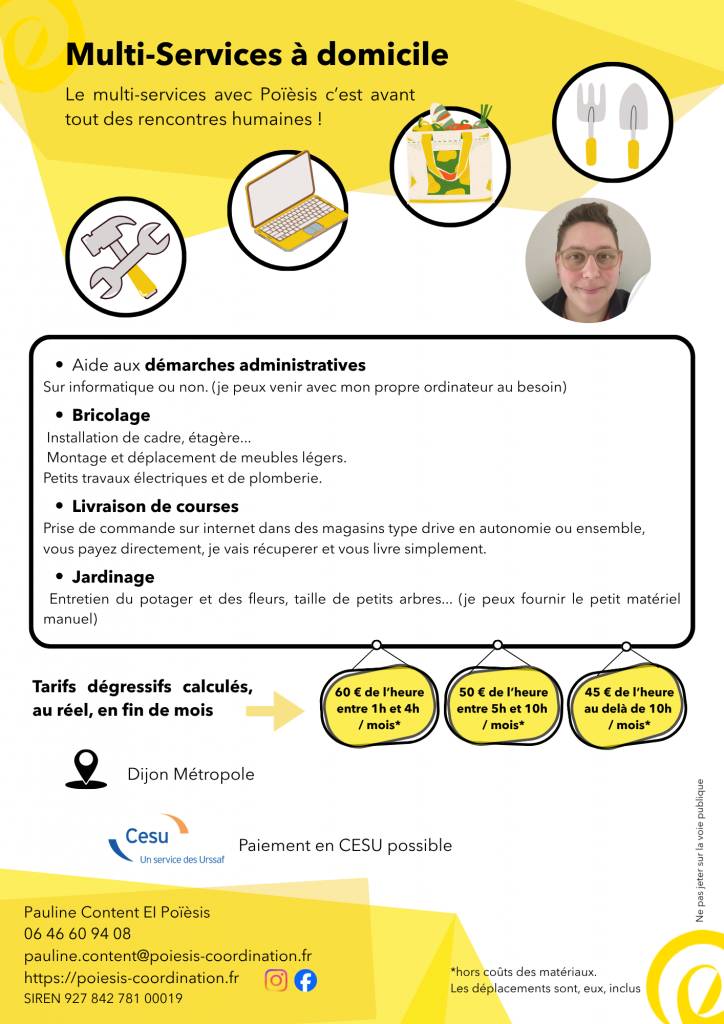 Tarifs de Poièsis ccordin'action pour les multi-services : petits travaux, bricolage, ateliers créatifs et services à la personne à Dijon